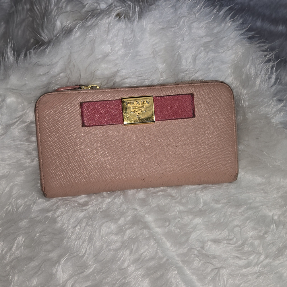 Prada Pink and Hot Pink Wallet with Gold Accent Bow Prada Zip Around Wallet